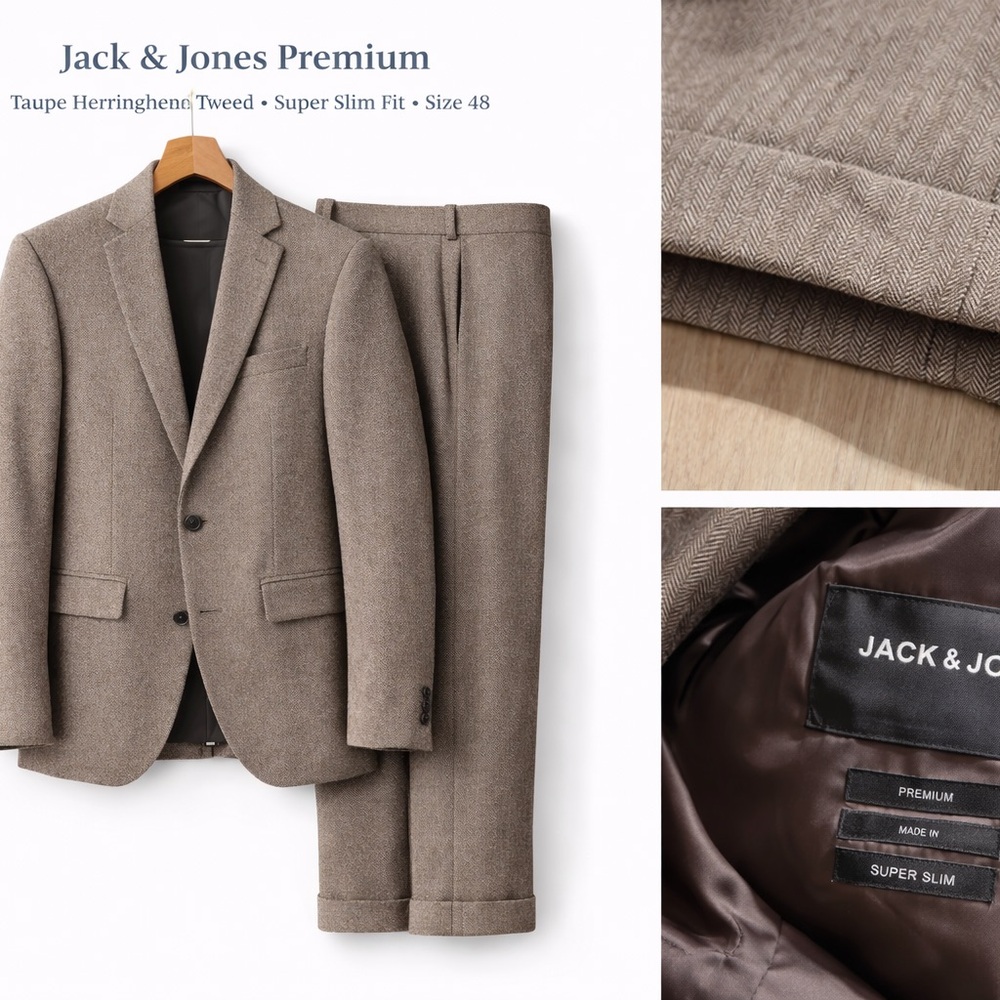 Jack & Jones Taupe Herringbone Tweed Suit Jacket & Trousers - 36R